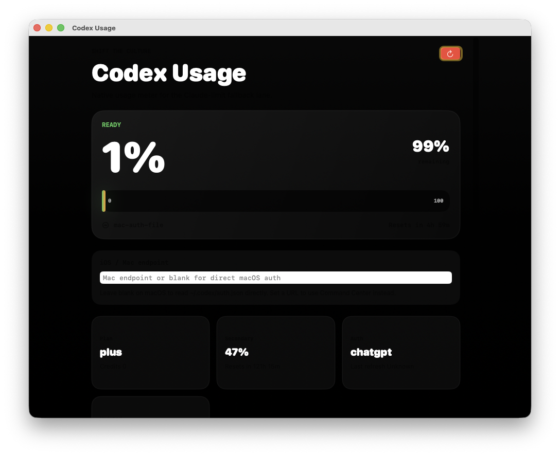 Codex Usage — live rate-limit meter showing primary and secondary windows